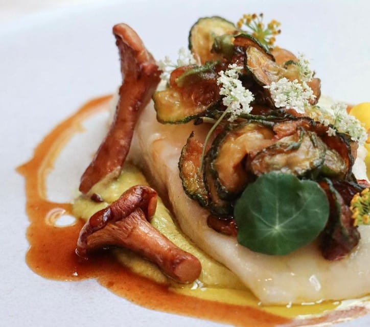 Spigola - Mediterranean sea bass, chanterelles, zucchini alla scapece